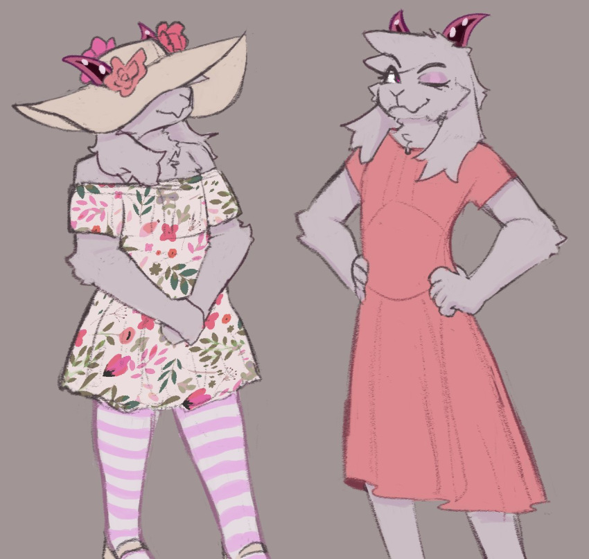 anthro bovid caprine choker clothing covering covering_face cutie_mark deltarune dress eyebrows eyeshadow floppy_ears floral_dress floral_print girly goat hasbro hat headgear headwear hi_res horn jewelry legwear makeup male mammal midriff multiple_drawing multiple_outfits my_little_pony necklace nkwaru pattern_clothing pattern_legwear pink_clothing pink_dress pink_eyes pink_eyeshadow pink_horn pink_legwear ralsei smile solo striped_clothing striped_legwear stripes undertale_(series)