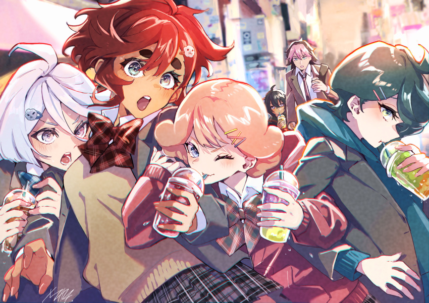 1boy 5girls absurdres ahoge alternate_universe black_hair blue_eyes blue_hair bow bowtie contemporary cup dark-skinned_female dark_skin disposable_cup drink drinking drinking_straw drinking_straw_in_mouth food_theft green_eyes green_hair guel_jeturk gundam gundam_suisei_no_majo hair_between_eyes hair_ornament hairclip highres hinosaka_aki holding holding_cup holding_drink holding_hands jacket long_sleeves looking_at_another medium_hair milkshake miorine_rembran multiple_girls necktie norea_du_noc one_eye_closed open_mouth orange_hair pink_eyes pink_hair plaid plaid_skirt purple_eyes red_hair scarf school_uniform seethia_(gundam) shopping_district short_hair signature skirt smile sophie_pulone suletta_mercury sweater thick_eyebrows white_hair