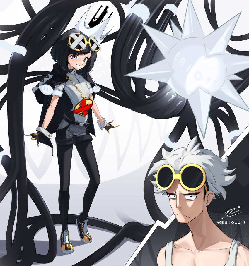 1boy 1girl absurdres angry black_hair black_jacket black_leggings breasts cable chain crown denim denim_shorts eriott eyewear_on_head gloves gold_chain grey_eyes guzma_(pokemon) highres hood hooded_jacket jacket jewelry leggings one-piece_swimsuit pokemon pokemon_(creature) pokemon_(game) pokemon_masters_ex pokemon_sm pokemon_usum selene_(pokemon) shirt shoes short_hair short_shorts short_sleeves shorts small_breasts smile sunglasses swimsuit tank_top team_skull team_skull_uniform white_hair white_shirt xurkitree yellow-framed_eyewear