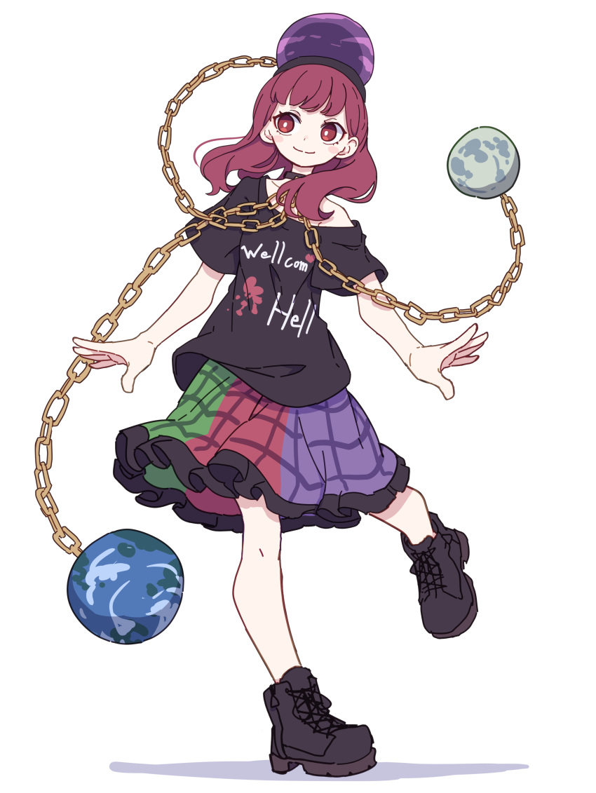 1girl absurdres black_footwear black_headwear black_shirt blush_stickers chain closed_mouth clothes_writing earth_(ornament) frilled_skirt frills full_body hecatia_lapislazuli highres kame_(kamepan44231) medium_hair moon_(ornament) multicolored_clothes multicolored_skirt one-hour_drawing_challenge polos_crown red_eyes red_hair shirt shoes short_sleeves simple_background skirt smile solo touhou white_background