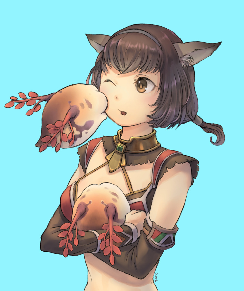 1girl animal_ear_fluff animal_ears artist_name avatar_(ff11) black_hairband blue_hair breasts brown_hair brown_pupils brown_sleeves cactus41747280 cat_ears cat_girl detached_sleeves final_fantasy final_fantasy_xi floating_hair hairband highres holding leech light_blue_hair long_sleeves low_ponytail medium_breasts mithra_(ff11) one_eye_closed open_mouth short_hair solo