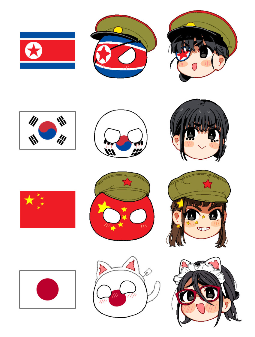 4girls :&gt; animal_ears black_eyes black_hair blunt_bangs blush brown_hair cat_ears cat_tail countryball eyepatch fake_animal_ears glasses grin hat highres japanese_flag medium_hair military_hat multiple_girls nanimonothing north_korean_flag open_mouth people's_republic_of_china_flag sidelocks simple_background smile south_korean_flag star_(symbol) tail teeth white_background