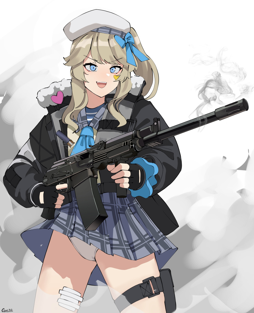 1girl absurdres bandaged_leg bandages black_jacket blonde_hair blue_eyes blue_necktie blue_shirt blue_skirt down_jacket firing gar32 girls'_frontline gun highres holding holding_gun holding_weapon jacket long_sleeves necktie panties shirt skirt smoke smoking_gun thighs underwear upskirt vepr-12 vepr_(girls'_frontline) weapon white_headwear white_panties yellow_jacket