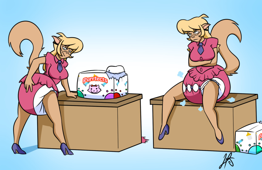 anthro blonde_hair callie_briggs clean_diaper clothing crossed_arms desk diaper diaper_package diaper_puff dress_shirt eye_roll eyewear felid feline female footwear frilly_skirt furniture glasses hair hanna-barbera hi_res high_heels holding_diaper liljdude mammal onesie shirt solo swat_kats table topwear touching_diaper