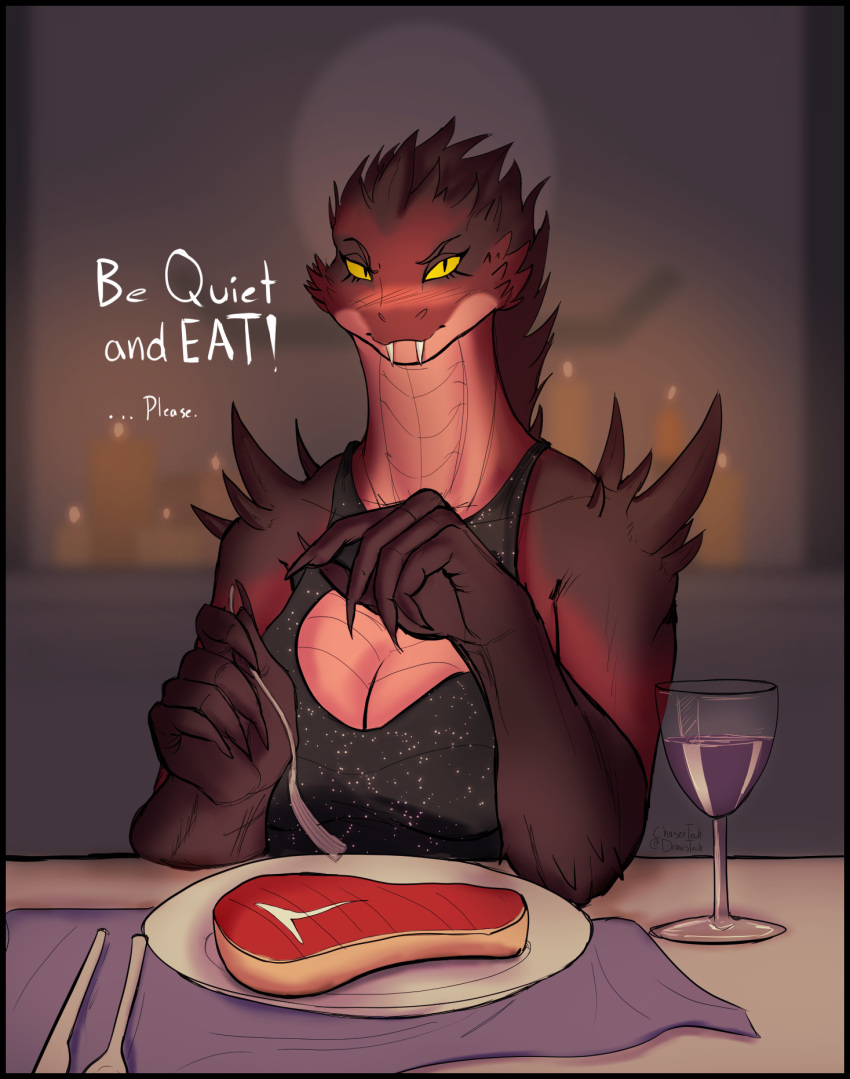 alcohol anthro beef beverage blush blush_lines breasts chasertech clothed clothing cutlery dialogue digital_media_(artwork) dragon fangs female food fork hi_res kitchen_utensils looking_at_viewer meat raw_meat solo steak tablecloth teeth tools wine