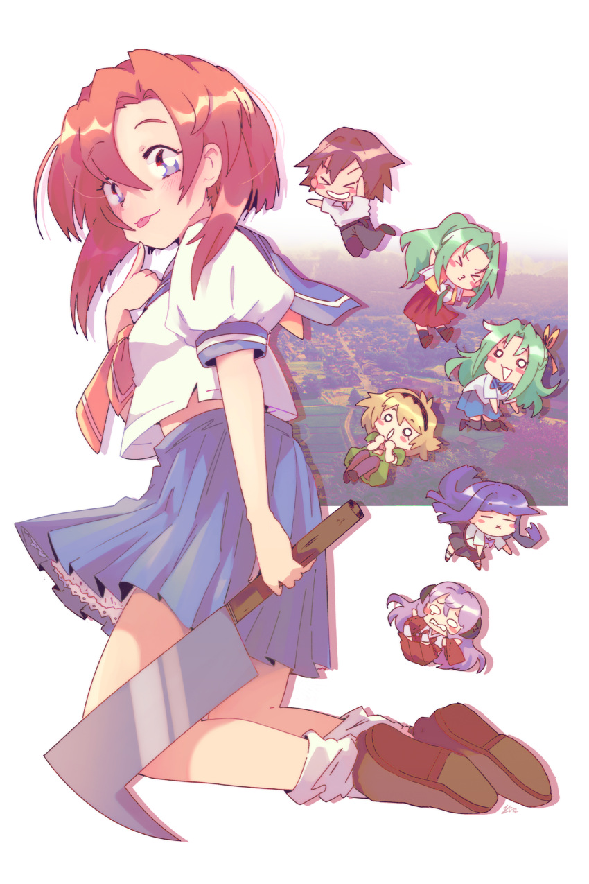 &gt;3&lt; 1boy 6+girls :x black_footwear black_hairband black_pantyhose blank_eyes blonde_hair blue_sailor_collar blue_skirt blush_stickers brown_footwear brown_hair chibi dress english_commentary furude_rika green_dress green_hair hair_between_eyes hairband hanyuu happy highres higurashi_no_naku_koro_ni holding holding_weapon horns houjou_satoko kitchupsandwich long_hair loose_socks maebara_keiichi midriff_peek multiple_girls nata_(tool) neckerchief open_mouth orange_neckerchief pantyhose pink_hair ponytail purple_hair red_skirt ribbon ryuuguu_rena sailor_collar school_uniform shirt short_sleeves skirt socks sonozaki_mion sonozaki_shion tongue tongue_out wavy_mouth weapon white_shirt white_socks yellow_ribbon