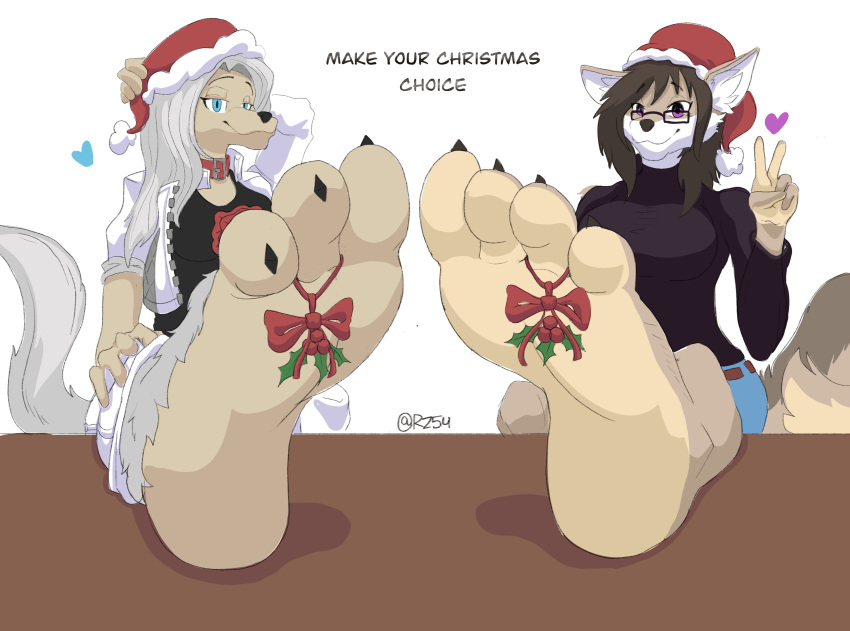 3_toes 4_toes absurd_res anthro black_claws blue_eyes brown_hair christmas christmas_clothing christmas_headwear claws closed_smile clothed clothing collar duo feet female foot_focus fur gesture grey_hair grey_tail hair hat headgear headwear hi_res holidays long_hair looking_at_viewer mouth_closed narrowed_eyes purple_eyes red_collar rz54 santa_hat simple_background tan_body tan_fur toes v_sign white_background