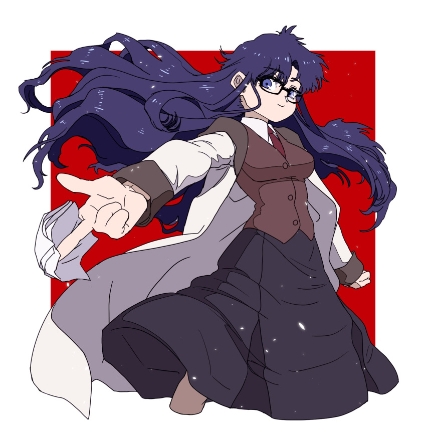 1girl between_fingers black-framed_eyewear blue_eyes blue_hair breasts brown_pantyhose brown_vest coat cropped_legs dress_shirt floating_clothes floating_hair glasses hatikobu highres holding holding_paper impossible_clothes impossible_vest legs_apart light_particles long_hair long_skirt long_sleeves looking_at_viewer medium_breasts messy_hair necktie open_clothes open_coat outstretched_arms pantyhose paper read_or_die rectangular_eyewear red_necktie shirt sidelocks skirt smile solo spread_arms square vest white_background white_coat white_shirt wind wind_lift yomiko_readman