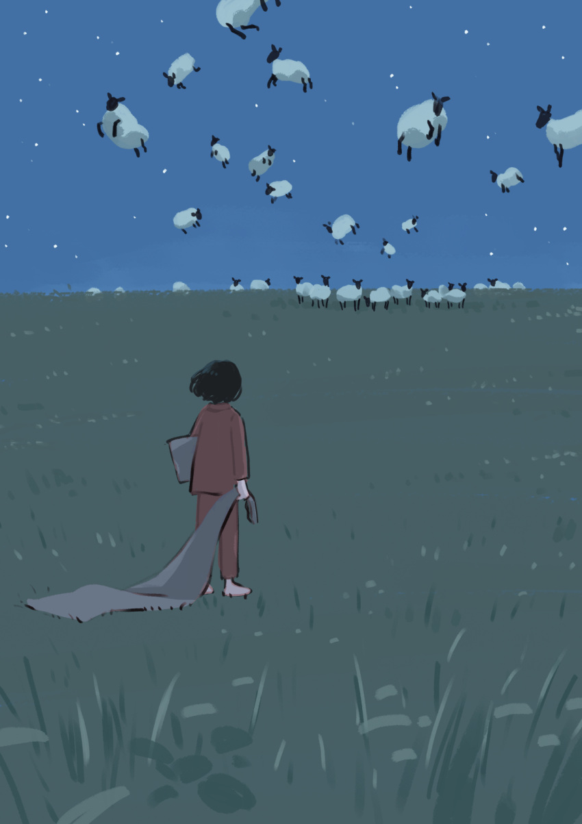 1other ambiguous_gender barefoot black_hair blanket dragging field flying from_behind grass highres holding holding_blanket holding_pillow insomnia monaka_(siromona) night original pajamas pillow red_pajamas sheep short_hair sky star_(sky) starry_sky symbolism