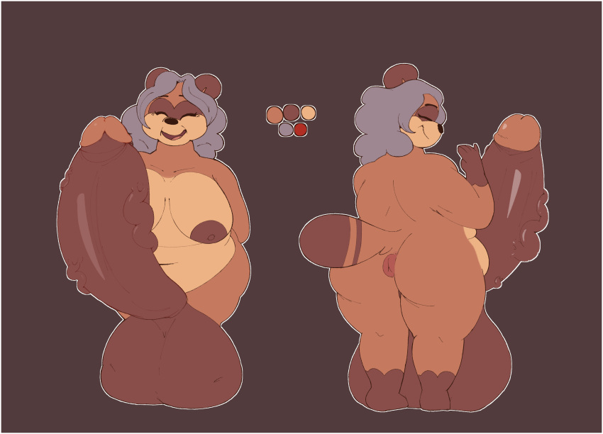 2023 anthro anus areola balls belly big_areola big_balls big_belly big_breasts big_butt biped breasts brown_body brown_fur brown_nose brown_skin butt canid canine chubby_anthro chubby_belly chubby_gynomorph chubby_intersex color_swatch colored digital_drawing_(artwork) digital_media_(artwork) elderly_anthro elderly_gynomorph elderly_intersex eyelashes facial_markings fangs flat_colors fur genitals grannybase grey_hair gynomorph hair hand_behind_back happy head_markings hi_res huge_balls huge_hips huge_thighs hyper hyper_balls hyper_genitalia intersex japanese junko_gamou_(grannybase) looking_at_viewer looking_back malafox mammal markings mask_(marking) micropenis model_sheet multicolored_body multicolored_fur multicolored_skin multicolored_tail navel nipples nude old open_mouth overweight overweight_anthro overweight_gynomorph overweight_intersex penis puffy_anus raccoon_dog simple_background small_penis smile solo standing tail tanuki teeth thick_thighs wide_hips