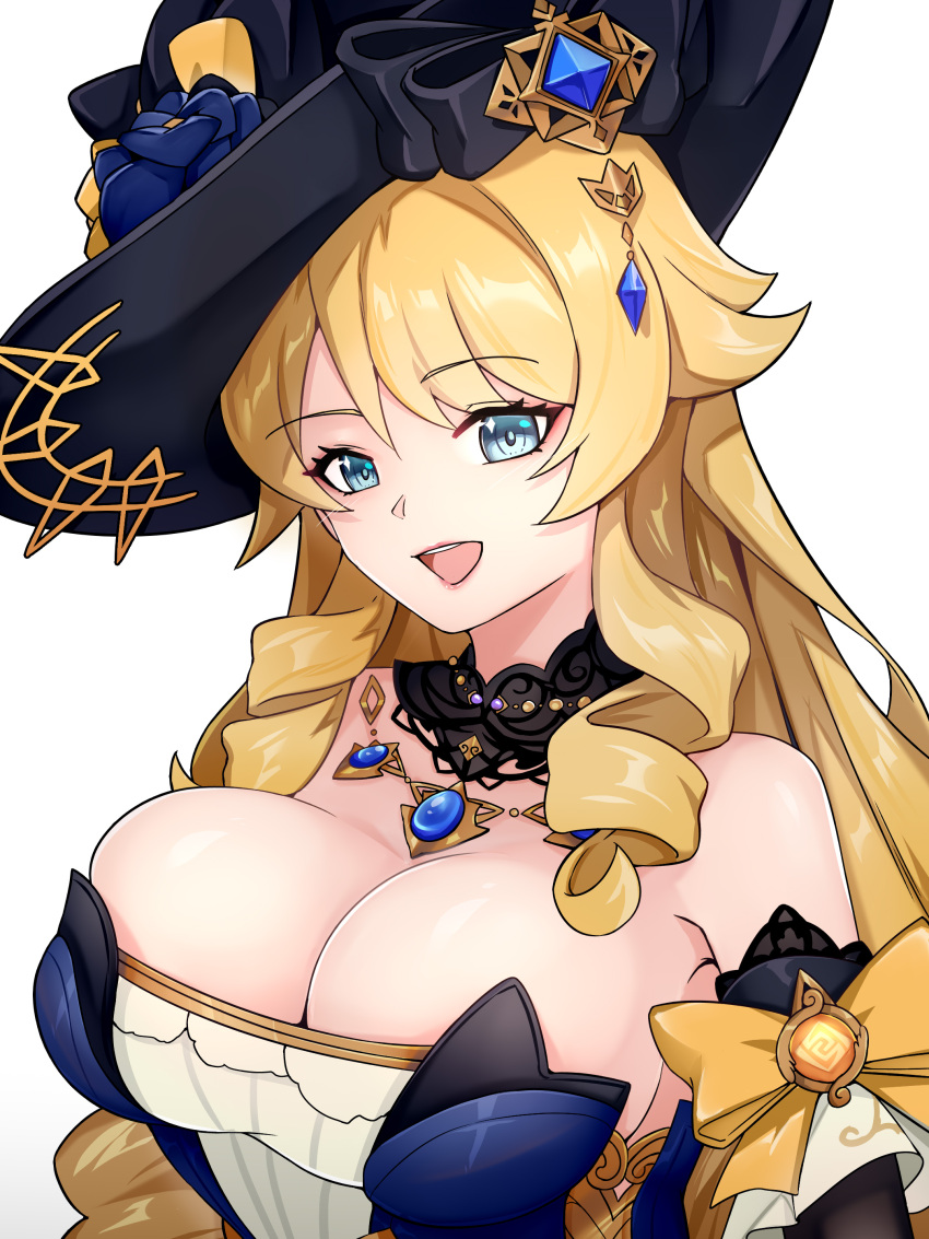 1girl :d absurdres bare_shoulders black_headwear blonde_hair blue_eyes breasts cleavage commentary detached_sleeves dress drill_hair drill_sidelocks genshin_impact highres jrpulse large_breasts long_hair looking_at_viewer navia_(genshin_impact) open_mouth sidelocks smile solo strapless strapless_dress upper_body white_background