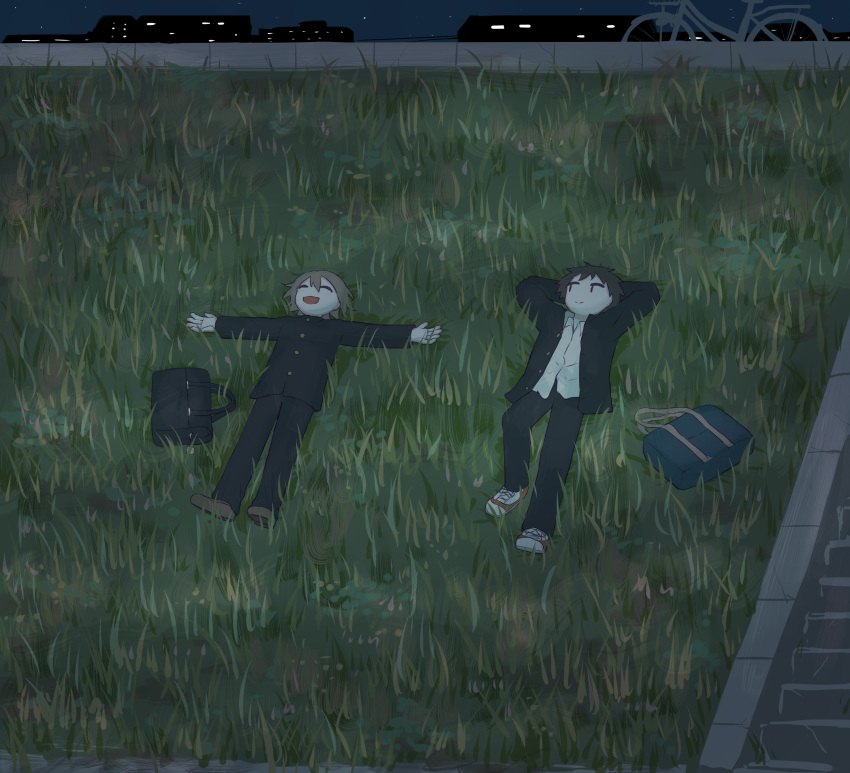 2boys ^_^ absurdres arms_behind_head avogado6 bag bicycle black_hair black_jacket black_pants briefcase brown_hair closed_eyes closed_mouth collared_shirt commentary dress_shirt facing_up gakuran grass highres hill jacket knee_up loafers long_sleeves looking_at_another looking_to_the_side lying multiple_boys night on_back open_clothes open_jacket open_mouth original outdoors outstretched_arms pants school_bag school_briefcase school_uniform shirt shoes short_hair skyline smile sneakers spread_arms stargazing white_shirt wide_shot