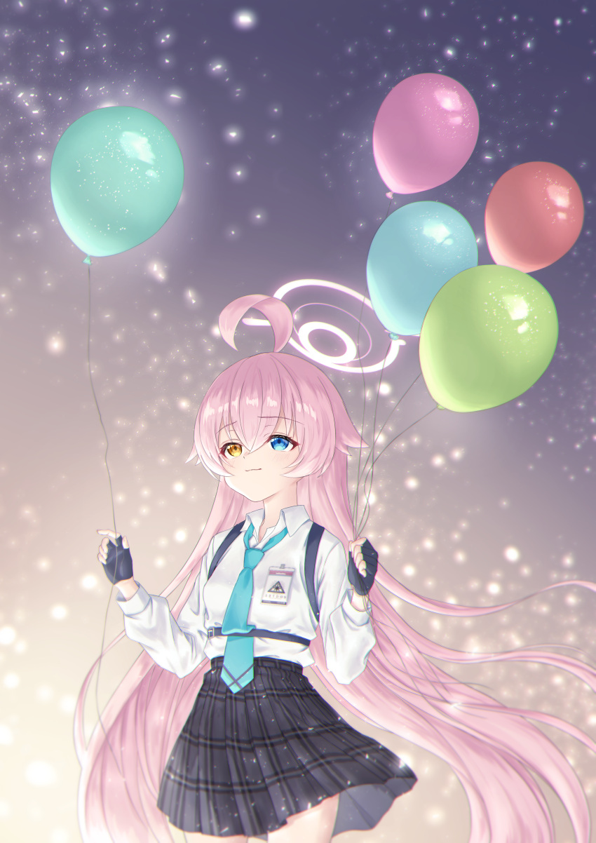 1girl :3 absurdres ahoge balloon black_gloves black_skirt blue_archive blue_necktie collared_shirt commentary_request ekura28 fingerless_gloves fireflies gloves gradient_background hair_between_eyes halo heterochromia highres holding holding_balloon hoshino_(blue_archive) long_hair long_sleeves looking_up necktie pink_hair plaid plaid_skirt pleated_skirt school_uniform shirt shoulder_strap sidelocks simple_background skirt smile solo white_shirt