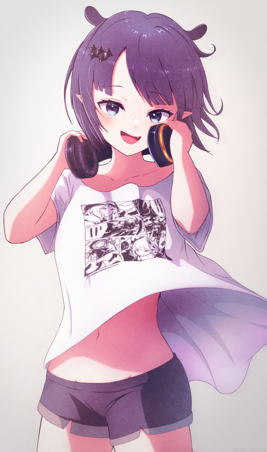 1girl absurdres adjusting_headphones black_shorts blue_eyes blush breasts clothes_lift fang headphones headphones_around_neck highres hololive hololive_english kaiju_ryoku looking_at_viewer ninomae_ina'nis ninomae_ina'nis_(5th_costume) open_mouth pixie_cut pointy_ears purple_hair shirt shirt_lift short_hair short_shorts shorts small_breasts smile solo t-shirt virtual_youtuber white_shirt wind wind_lift