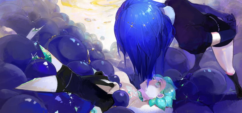 2others amputee androgynous aqua_eyes aqua_hair arms_behind_back black_necktie black_shirt black_socks blue_hair broken chinese_commentary commentary_request crystal crystal_hair elbow_gloves eye_contact facing_away from_above gem_uniform_(houseki_no_kuni) glint gloves head_down highres houseki_no_kuni kneehighs lapis_lazuli_(houseki_no_kuni) leaning_forward looking_at_another looking_up multiple_others necktie own_hands_together parted_lips phosphophyllite puffy_short_sleeves puffy_sleeves purple_gloves quadruple_amputee severed_head shirt short_shorts short_sleeves shorts socks spoilers standing white_shirt wide-eyed xiaoxiaoguguzi