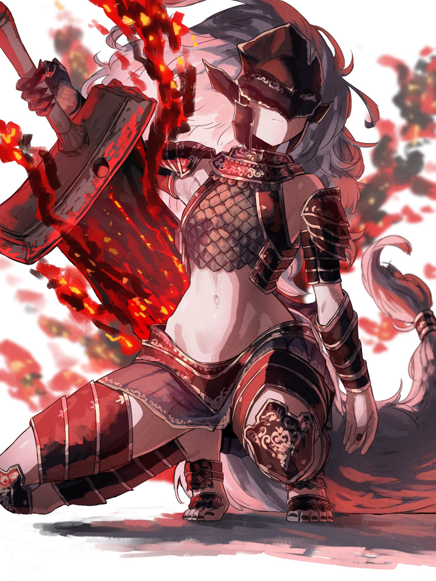 1girl absurdres armor armpits bare_shoulders black_nails breasts chainmail commentary_request covered_eyes ekrea_jan elden_ring fire genderswap genderswap_(mtf) grey_hair helmet helmet_over_eyes highres huge_weapon long_hair magic maliketh_the_black_blade midriff miniskirt navel personification pleated_skirt shadow skirt small_breasts solo squatting sword tail tiptoes very_long_hair weapon white_background wide_hips