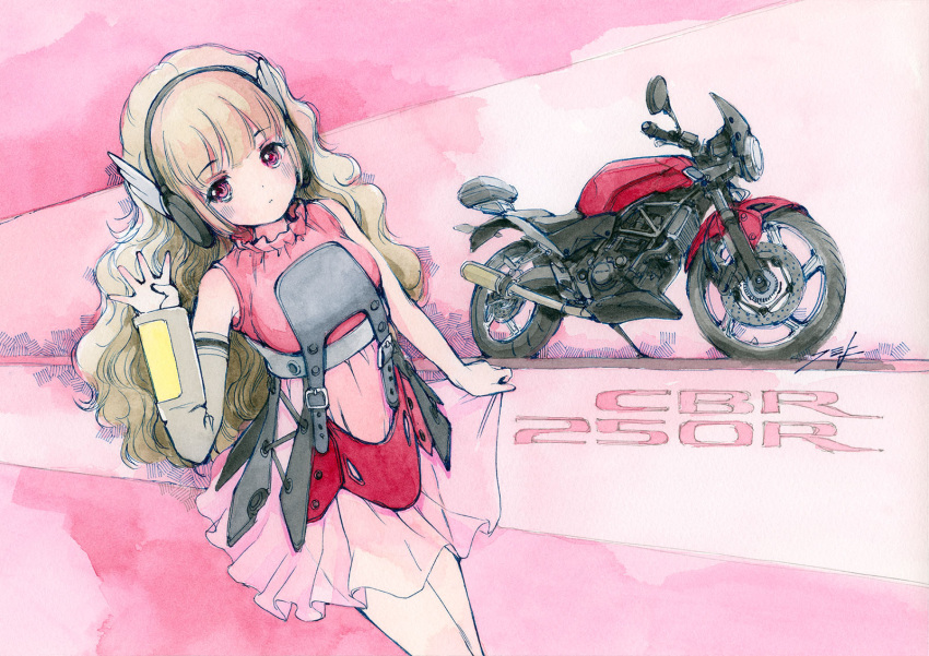 1girl bare_shoulders blush breasts brown_hair closed_mouth commentary_request commission hand_up headphones hi_fumiyo highres honda_cbr250r long_hair looking_at_viewer medium_breasts motor_vehicle motorcycle original personification pink_background pink_shirt pink_skirt red_eyes shirt skirt skirt_hold sleeveless sleeveless_shirt solo traditional_media very_long_hair