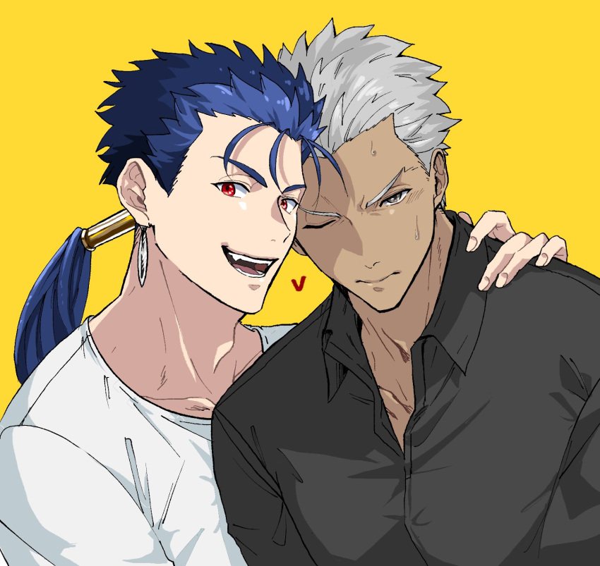 2boys archer_(fate) black_shirt blue_hair collarbone cu_chulainn_(fate) cu_chulainn_(fate/stay_night) earrings fangs fate/stay_night fate_(series) fingernails grey_eyes grey_hair hand_on_another's_shoulder happy heart highres hourinoki jewelry long_hair looking_at_viewer male_focus mature_male multiple_boys one_eye_closed open_mouth ponytail red_eyes shirt simple_background smile sweatdrop teeth white_shirt yaoi yellow_background