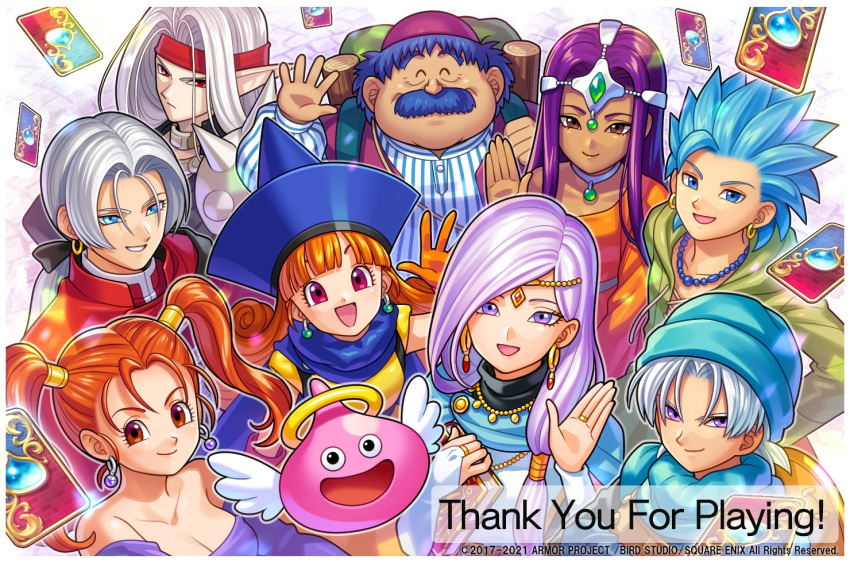 alena_(dq4) blue_eyes blue_hair blue_headwear breasts camus_(dq11) dragon_quest dragon_quest_iv dragon_quest_ix dragon_quest_vi dragon_quest_viii dress earrings hat jessica_albert jewelry kukuru_(dq8) large_breasts long_hair looking_at_viewer minea_(dq4) multiple_boys multiple_girls official_art orange_eyes orange_hair pisaro purple_eyes purple_hair red_eyes short_hair sleeveless slime_(dragon_quest) terry_(dq6) torneko twintails