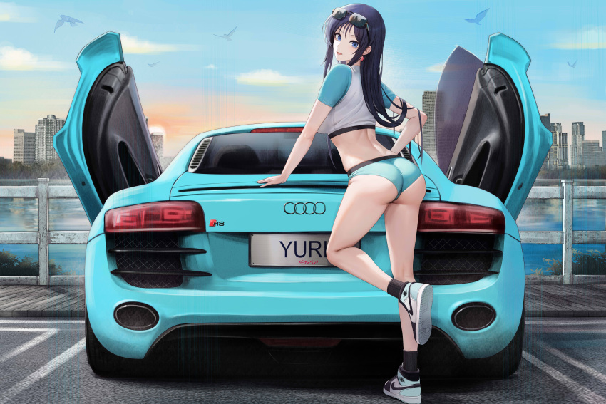 1girl absurdres ass audi audi_r8 bird black_hair black_socks blue_eyes blue_sky car character_name commentary commission crop_top dirty_pair english_commentary eyewear_on_head fence from_behind highres kcar66t license_plate long_hair motor_vehicle outdoors parking_lot pixiv_commission shirt shoes short_sleeves sky sneakers socks solo sports_car white_shirt yuri_(dirty_pair)