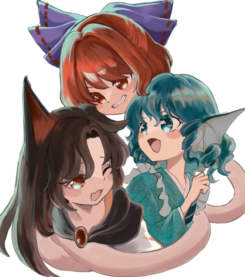 3girls ;d animal_ears black_hair blue_bow blue_eyes blue_hair bow brown_eyes commentary_request drill_hair drill_sidelocks fang fins grass_root_youkai_network hair_bow hair_intakes head_fins highres imaizumi_kagerou long_hair multiple_girls one_eye_closed open_mouth red_eyes red_hair sekibanki short_hair sidelocks skin_fang smile touhou umebitan wakasagihime wolf_ears wolf_girl