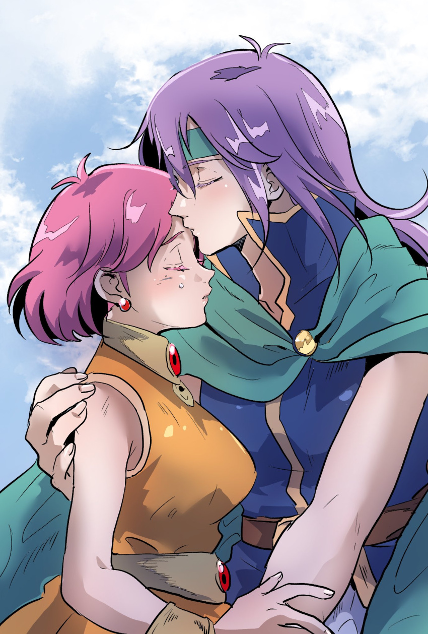 2girls arm_around_shoulder bare_shoulders blue_tunic blush breasts cloak closed_eyes cloud cloudy_sky crying earrings faris_scherwiz final_fantasy final_fantasy_v green_cloak green_headband hair_between_eyes hand_on_another's_arm hand_on_another's_shoulder headband highres hug jewelry kiss kissing_forehead lenna_charlotte_tycoon long_hair medium_breasts motsutei multiple_girls orange_tunic pink_hair purple_hair short_hair siblings sisters sky tears upper_body wristband
