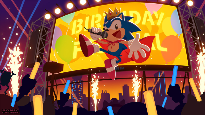 amy_rose anniversary audience birthday cape crown froggy_(sonic) furry furry_male gloves holding_glowstick mighty_the_armadillo official_art open_mouth ray_the_flying_squirrel shoes smile sneakers sonic_(series) sonic_the_hedgehog sparks stage_lights sunset tails_(sonic) uno_yuuji white_gloves