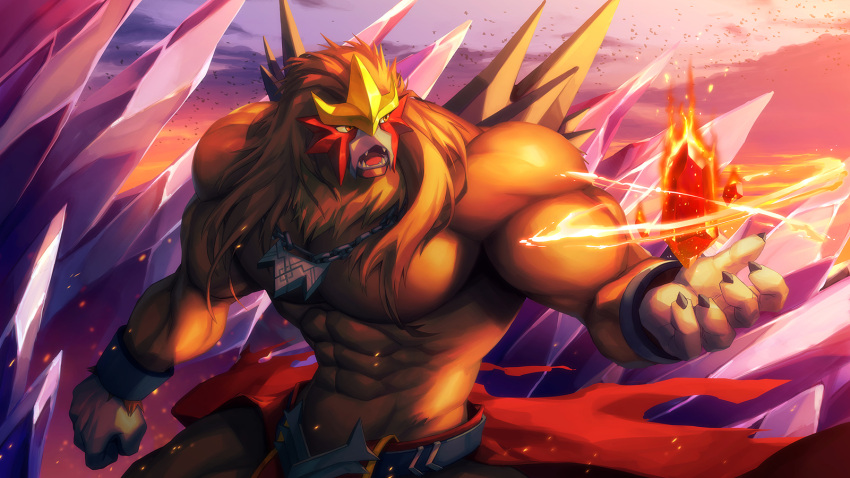 2023 5_fingers abs anthro anthrofied biceps brown_body brown_eyes brown_fur brown_hair claws clothed clothing cloud colored crystal detailed_background entei fingers fire fur generation_2_pokemon hair hi_res humanoid_hands kuron legendary_pokemon long_hair male muscular muscular_anthro muscular_male nintendo open_mouth pecs pokemon pokemon_(species) shirtless sky solo sunset tongue triceps