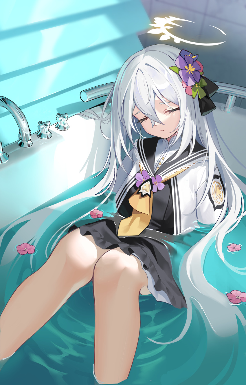 1girl absurdres ascot azusa_(blue_archive) bath bathtub black_skirt blue_archive closed_eyes closed_mouth flower hair_between_eyes hair_flower hair_ornament halo highres legs long_hair partially_submerged petals purple_flower qianqiu_wanxia sitting skirt solo water white_hair yellow_ascot yellow_halo