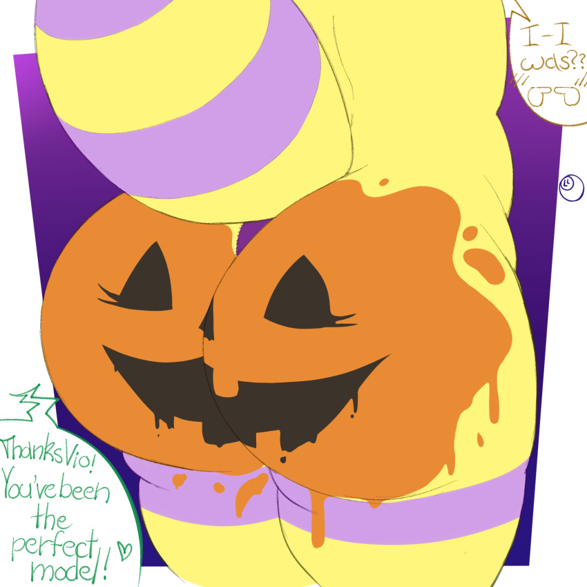 anus arthropod bee big_butt bodypaint bottom_heavy butt butt_focus colored dialogue embarrassed food fruit fur halloween hi_res holidays hymenopteran insect jack-o'-lantern lunalust paint painted_butt plant pumpkin thorax user_avatar vio_(bottomheavybee) yellow_body yellow_fur