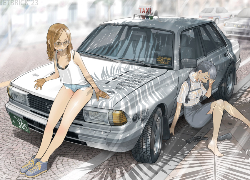 2girls black_bra black_hair bra brown_hair car earpiece fingerless_gloves gloves gun holster jettoburikku long_hair motor_vehicle multiple_girls original outdoors panties panty_peek pencil_skirt peugeot ponytail revolver shoes shoes_removed short_shorts shorts shoulder_holster sitting skirt sunglasses sweat taxi underwear weapon