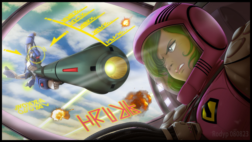 1girl aerial_battle aiming alien angry battle battroid cable choujikuu_yousai_macross clenched_teeth cloud cockpit defeat dogfight duel emblem explosion fake_screenshot flying giant giantess glowing green_hair gunpod heads-up_display helmet highres holographic_interface light maclone macross maximilian_jenius mecha meltrandi military military_uniform millia_jenius perspective pilot_suit power_armor queadluun-rau robot robotech rodypaxten screen spacesuit spanish_commentary spoilers teeth thrusters uniform variable_fighter vf-1 vf-1a zentlardy_alphabet zentradi