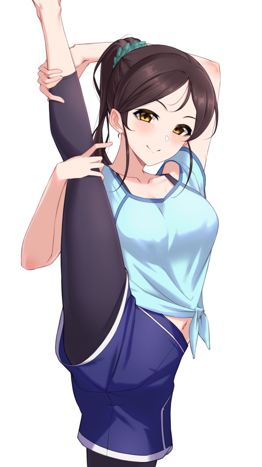 1girl ayase_honoka bike_shorts blush breasts brown_hair commentary_request commission flexible hand_on_own_leg high_ponytail highres holding_leg idolmaster idolmaster_cinderella_girls leg_hold leg_lift leg_up long_hair looking_at_viewer midriff nasuno_(nasuno42) navel ponytail shorts sidelocks simple_background skeb_commission smile solo split standing standing_on_one_leg standing_split thighs white_background yellow_eyes