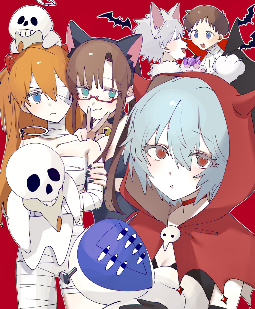 animal_ears bat_(animal) blue_eyes blue_hair blush brown_hair c_uino cat_ears halloween halloween_costume highres ikari_shinji lilith_(evangelion) makinami_mari_illustrious nagisa_kaworu neon_genesis_evangelion open_mouth orange_hair red-framed_eyewear red_background red_eyes short_hair simple_background souryuu_asuka_langley