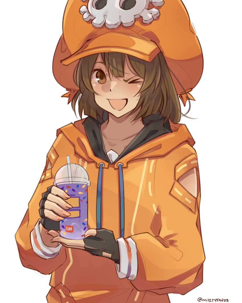1girl ;d absurdres brown_eyes brown_hair cup disposable_cup drinking_straw fingerless_gloves gloves guilty_gear hat_ornament highres hood hoodie jacket looking_at_viewer may_(guilty_gear) mcdonald's mil17459623 one_eye_closed open_mouth orange_headwear orange_hoodie orange_jacket simple_background skull_and_crossbones skull_hat_ornament smile solo white_background