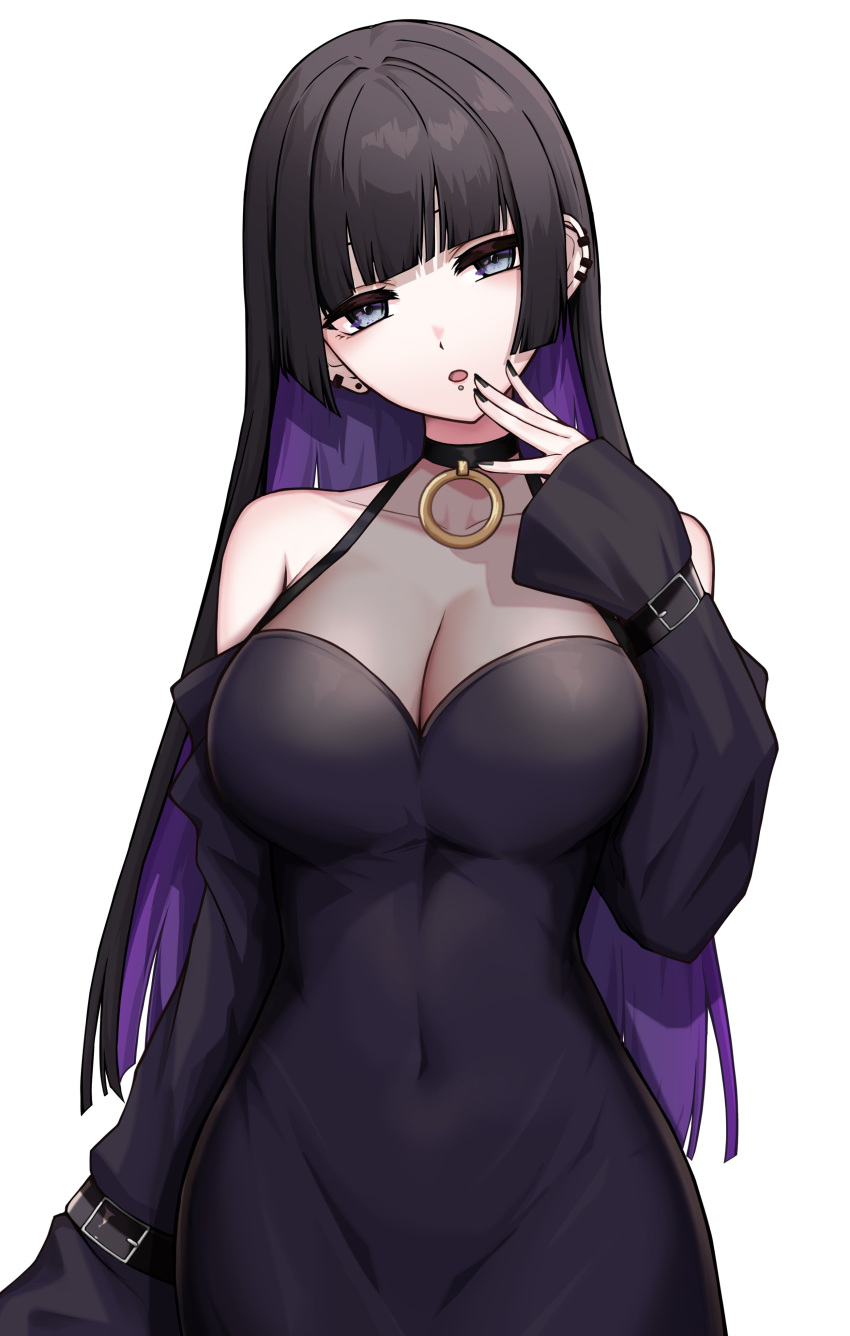 1girl absurdres arm_at_side bare_shoulders belt black_dress black_hair black_nails blunt_bangs bocchi_the_rock! breasts cleavage colored_inner_hair covered_navel detached_sleeves dress ear_bar earrings grey_eyes hand_up head_tilt highres jewelry kushinaka large_breasts long_hair looking_at_viewer mouth_piercing multicolored_hair open_mouth pa-san sidelocks simple_background sleeveless sleeveless_dress solo stud_earrings upper_body white_background