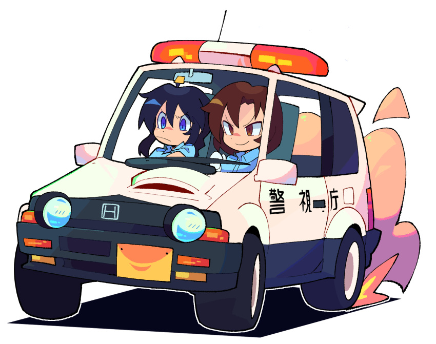 2girls bacun black_hair blue_eyes brown_hair car chibi driving dust_cloud flashing_light ground_vehicle highres honda honda_today kobayakawa_miyuki long_hair medium_hair motor_vehicle multiple_girls police police_car police_uniform policewoman smile taiho_shichauzo transparent_background tsujimoto_natsumi uniform vehicle_focus