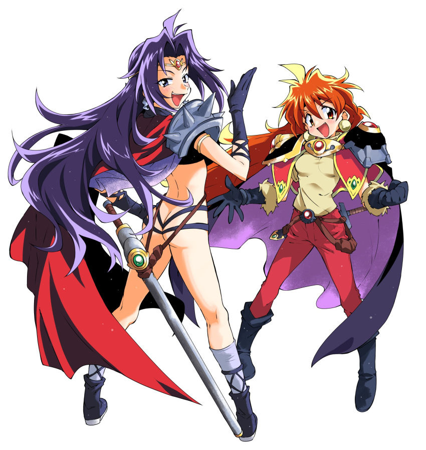 2girls ass cape full_body highres lina_inverse long_hair multiple_girls naga_the_serpent revealing_clothes simple_background slayers take_shinobu white_background