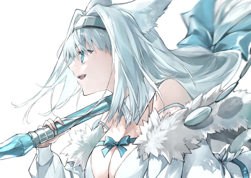 1girl animal_ears blue_eyes breasts cleavage dobrynya_nikitich_(fate) fate/grand_order fate_(series) fingernails highres kino_kokko large_breasts long_hair low-tied_long_hair metal_hairband motion_blur over_shoulder tail weapon weapon_over_shoulder white_background white_hair