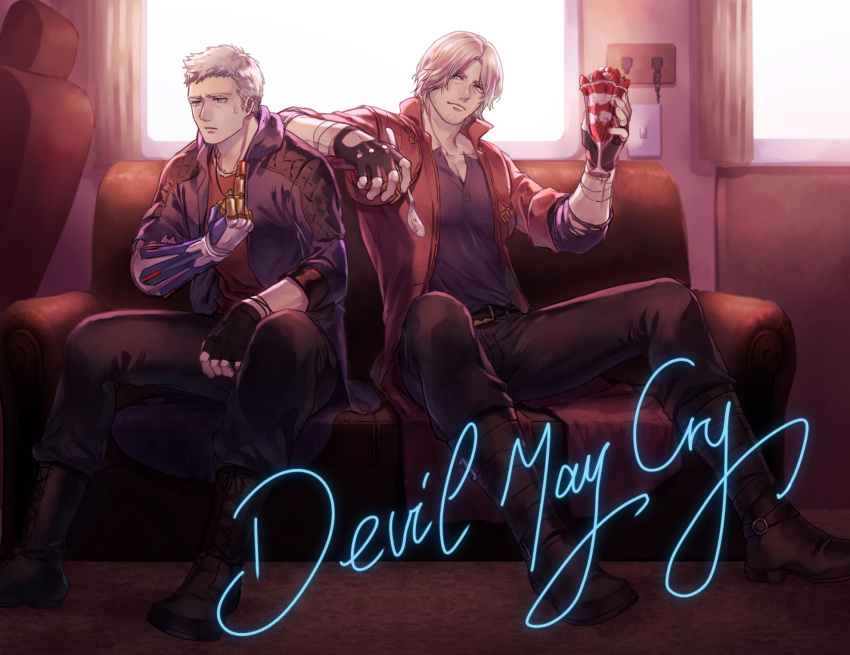 2boys anger_vein belt black_belt black_gloves black_pants black_shirt blue_coat blue_eyes closed_mouth coat copyright_name cup dante_(devil_may_cry) dbox_2525 devil_may_cry_(series) devil_may_cry_5 fingerless_gloves gloves highres holding holding_cup holding_spoon hood hood_down hooded_coat jewelry long_coat male_focus mechanical_arms middle_finger multiple_boys necklace nero_(devil_may_cry) open_clothes open_coat pants parfait red_coat red_shirt shirt short_hair single_mechanical_arm sitting spoon strawberry_parfait uncle_and_nephew white_hair