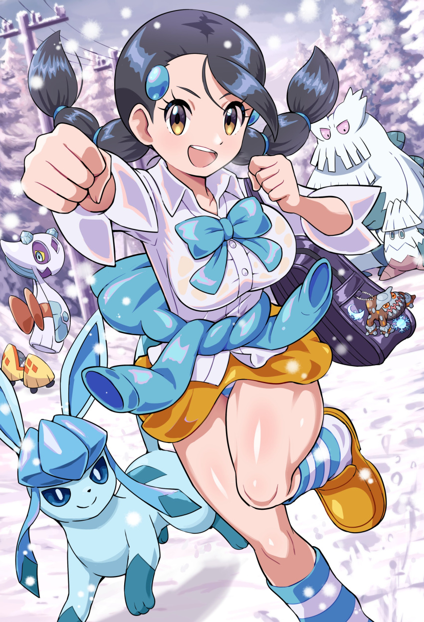 1girl :d abomasnow absurdres alternate_breast_size bag black_hair bow breasts buttons candice_(pokemon) clenched_hands collared_shirt commentary_request day eyelashes froslass glaceon hair_ornament hairclip heatran highres knees large_breasts leg_up long_hair looking_at_viewer multi-tied_hair open_mouth outdoors outstretched_arm pokemoa pokemon pokemon_(creature) pokemon_(game) pokemon_dppt power_lines shiny_skin shirt shoes skirt smile snorunt snover snow snowing socks striped striped_socks twintails utility_pole white_shirt