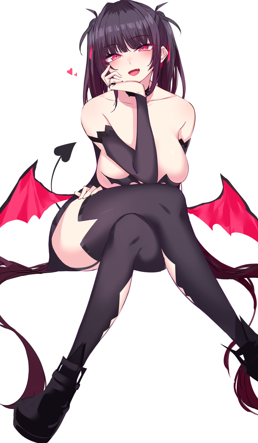 1girl :d absurdres bare_shoulders black_choker black_footwear black_hair black_sleeves black_thighhighs breasts choker collarbone crossed_legs demon_girl demon_tail demon_wings detached_sleeves elbow_rest fang hair_intakes hair_ribbon hand_on_own_leg head_rest head_tilt highres ichiki_1 large_breasts long_hair long_sleeves looking_at_viewer open_mouth original red_eyes red_ribbon revealing_clothes ribbon shoes simple_background sitting smile solo tail thighhighs twintails very_long_hair white_background wings