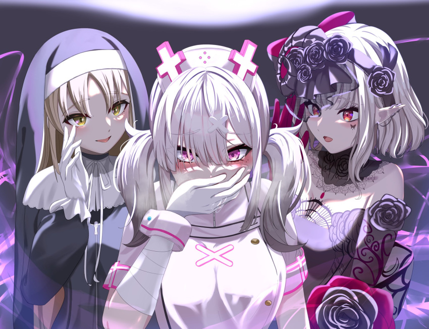 3girls ahoge apron bandaged_arm bandages black_dress capelet clothes_writing dress elf elu_(1st_costume)_(nijisanji) elu_(nijisanji) eyes_visible_through_hair flower full-length_zipper gloves habit hair_flower hair_ornament hair_over_one_eye hat highres mole mole_under_eye multiple_girls nijisanji nmhdtnr1 nun nurse nurse_cap pointy_ears red_flower sister_cleaire sister_cleaire_(1st_costume) sukoya_kana sukoya_kana_(1st_costume) traditional_nun virtual_youtuber white_apron white_capelet white_gloves white_headwear white_wrist_cuffs wrist_cuffs x_hair_ornament zipper zipper_dress