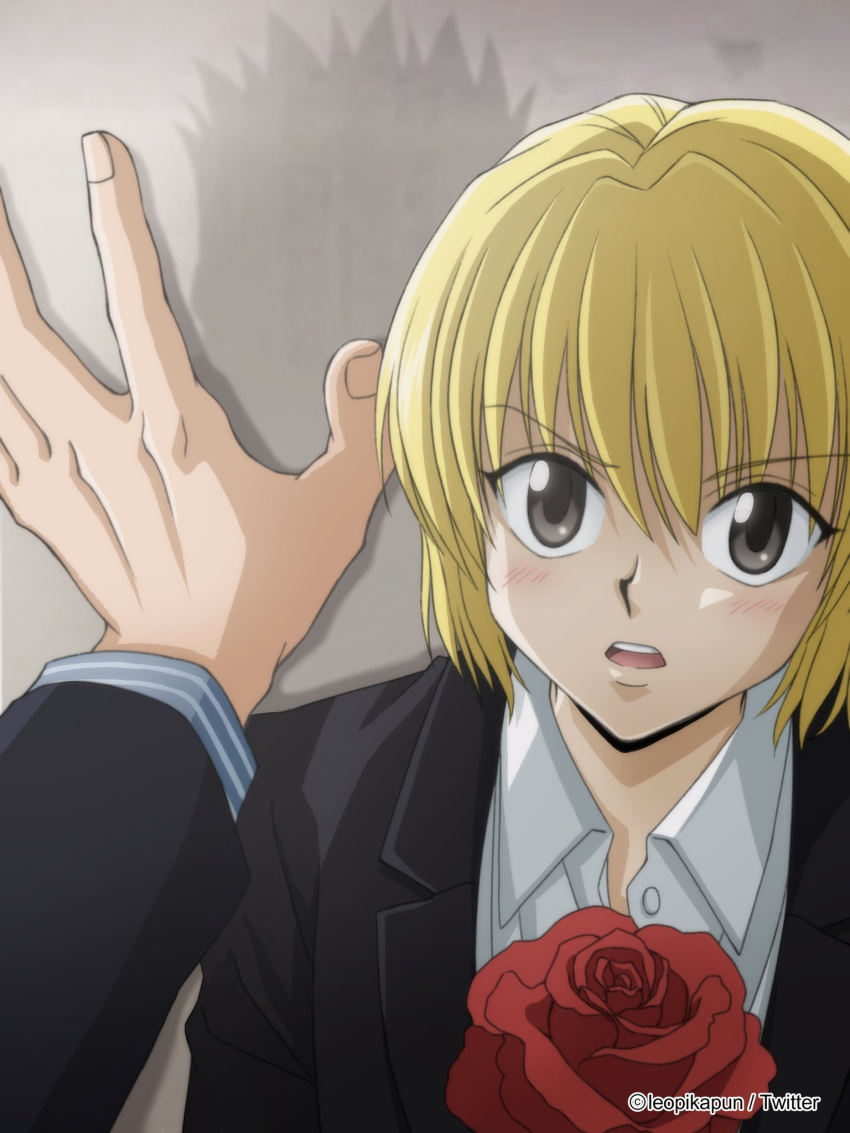 2boys :o against_wall black_jacket blonde_hair blush collared_shirt fingernails flower frown hair_between_eyes hand_on_wall highres holding holding_flower hunter_x_hunter jacket kurapika leopikapun leorio_paladiknight long_sleeves male_focus multiple_boys open_mouth pov red_flower red_rose rose shirt short_hair solo_focus teeth twitter_username upper_teeth_only v-shaped_eyebrows white_shirt yaoi