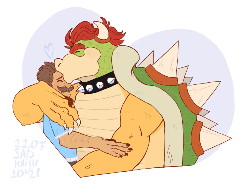 &lt;3 2021 bowser clothing collar duo eyes_closed facial_hair hair horn human kaijuandcranberries kissing koopa luigi male male/male mammal mario_bros mustache nintendo red_hair romantic romantic_couple scalie shirt spiked_collar spikes topwear