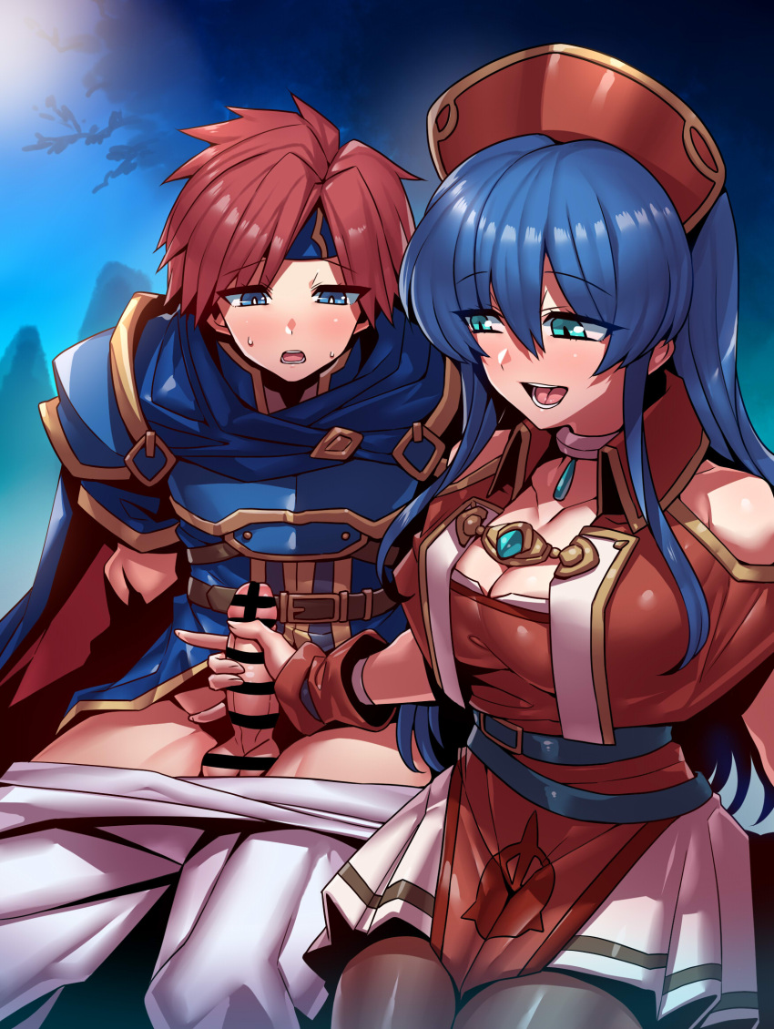 1boy 1girl armor bar_censor bare_shoulders belt blue_armor blue_belt blue_eyes blue_hair blue_headband blush breasts cape censored commission dress fire_emblem fire_emblem:_the_binding_blade green_eyes handjob hat headband hetero highres jewelry large_breasts lilina_(fire_emblem) long_hair open_mouth penis red_hair red_headwear roy_(fire_emblem) short_hair skeb_commission smile sweatdrop testicles tukiwani