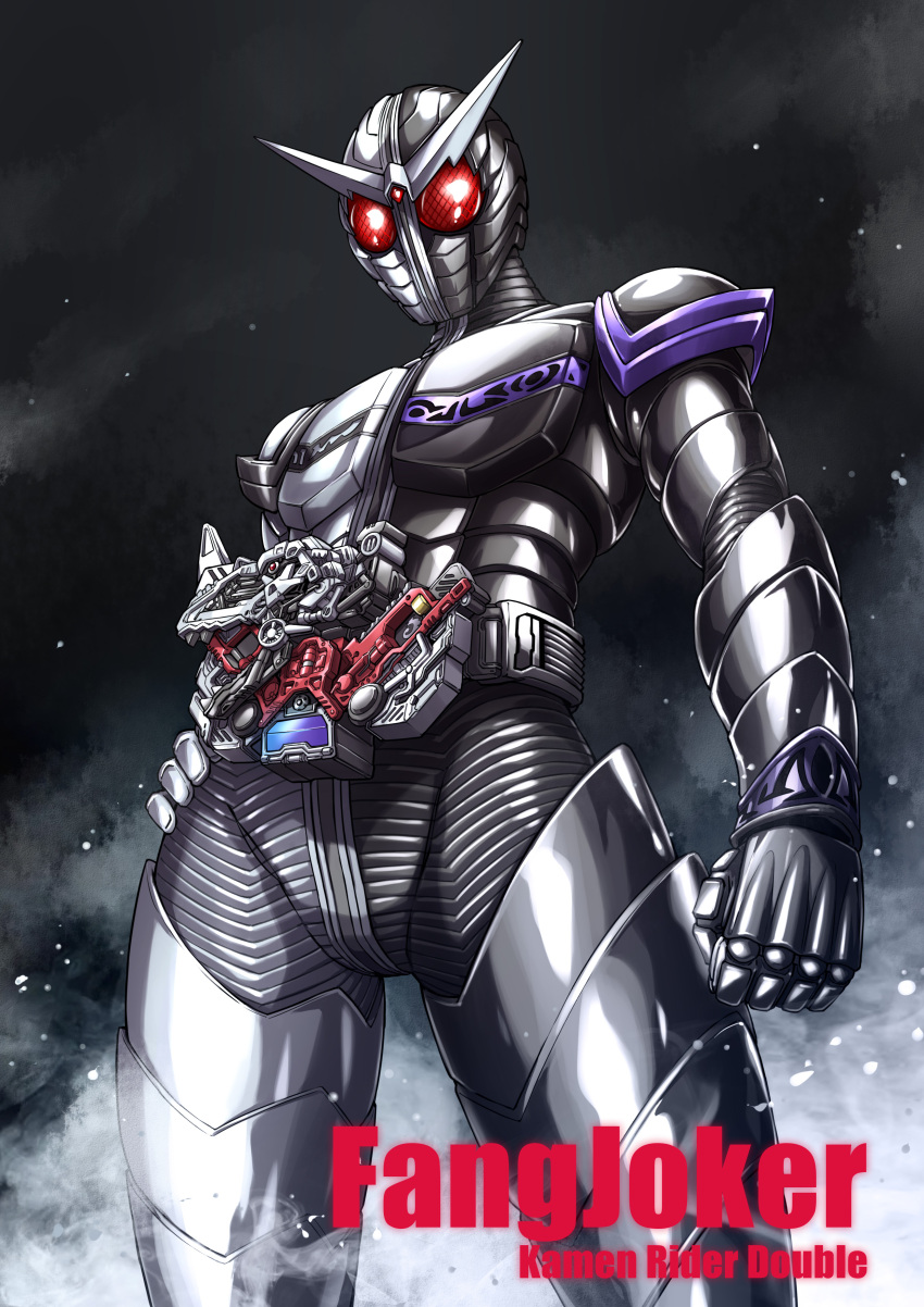 1boy absurdres armor black_armor character_name double_driver driver_(kamen_rider) english_text fish.boy hand_on_own_hip highres kamen_rider kamen_rider_double kamen_rider_double_(fangjoker) kamen_rider_w male_focus red_eyes rider_belt thigh_armor tokusatsu two-tone_bodysuit white_armor