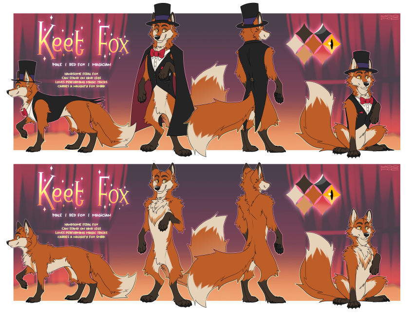 absurd_res anthro black_cape black_clothing black_hat black_headwear black_topwear black_vest canid canine clothed clothing color_swatch english_text featureless_crotch feral fox front_view fur grin hat headgear headwear hi_res keet_fox male mammal nude orange_body orange_fur pupils quadruped rear_view red_cape semi-anthro side_view sitting slit_pupils smile solo standing text topwear vest yellow_eyes yookie