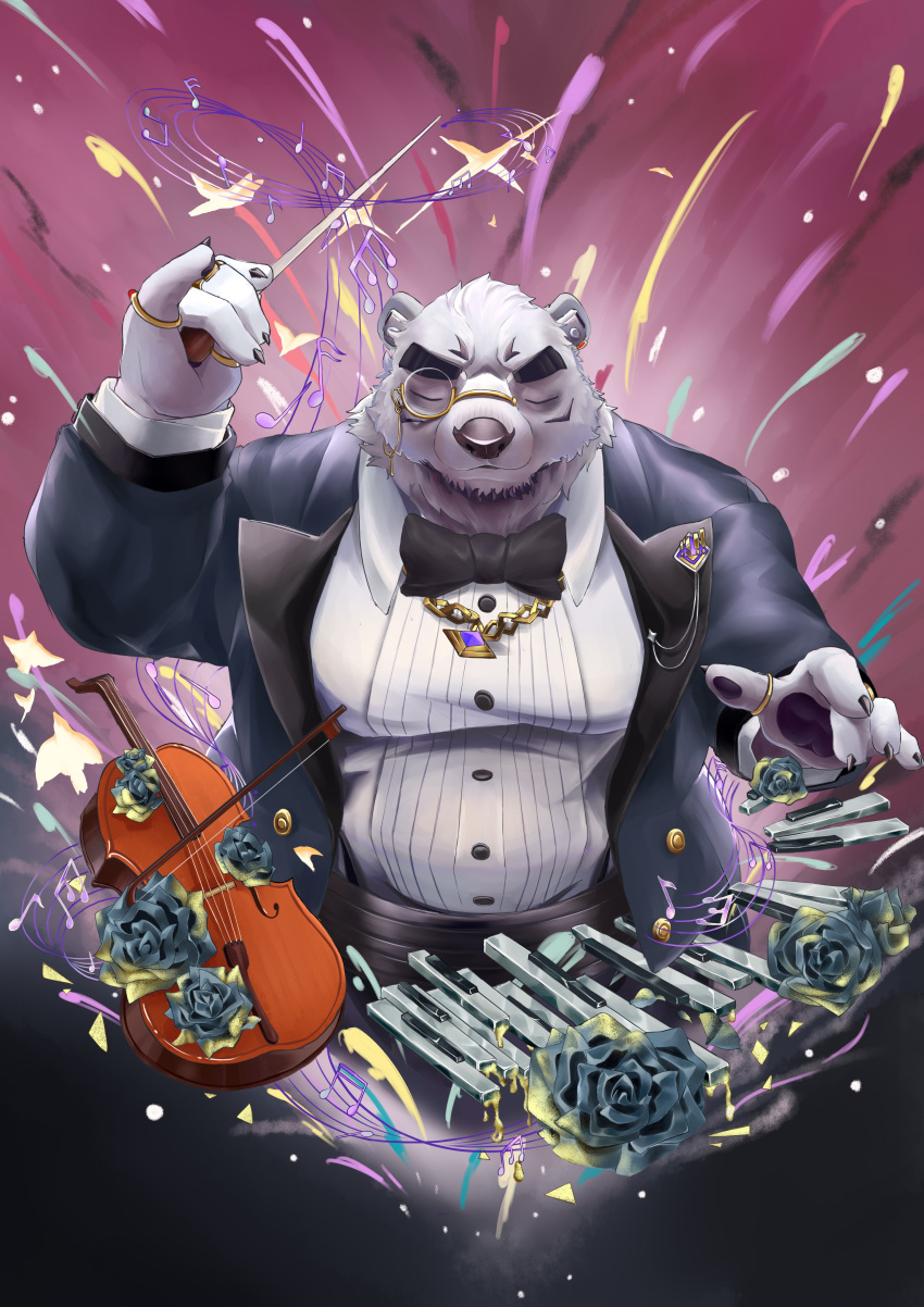 absurd_res anthro bear belly borealis_(live_a_hero) bow_tie bowed_string_instrument clothing conducting_baton conductor eyebrows fur hechaxianzhi hi_res lifewonders live_a_hero male mammal musclegut musical_instrument pawpads pecs polar_bear ring solo string_instrument suit thick_eyebrows ursine violin white_body white_fur