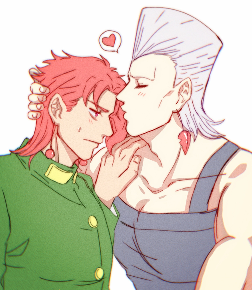 2608337875 2boys bare_shoulders cheekbones closed_eyes flattop gakuran grey_hair heart highres imminent_kiss jean_pierre_polnareff jojo_no_kimyou_na_bouken kakyoin_noriaki kiss kissing_forehead large_pectorals male_focus multiple_boys pectorals red_eyes red_hair school_uniform spoken_heart stardust_crusaders tall_hair widow's_peak yaoi